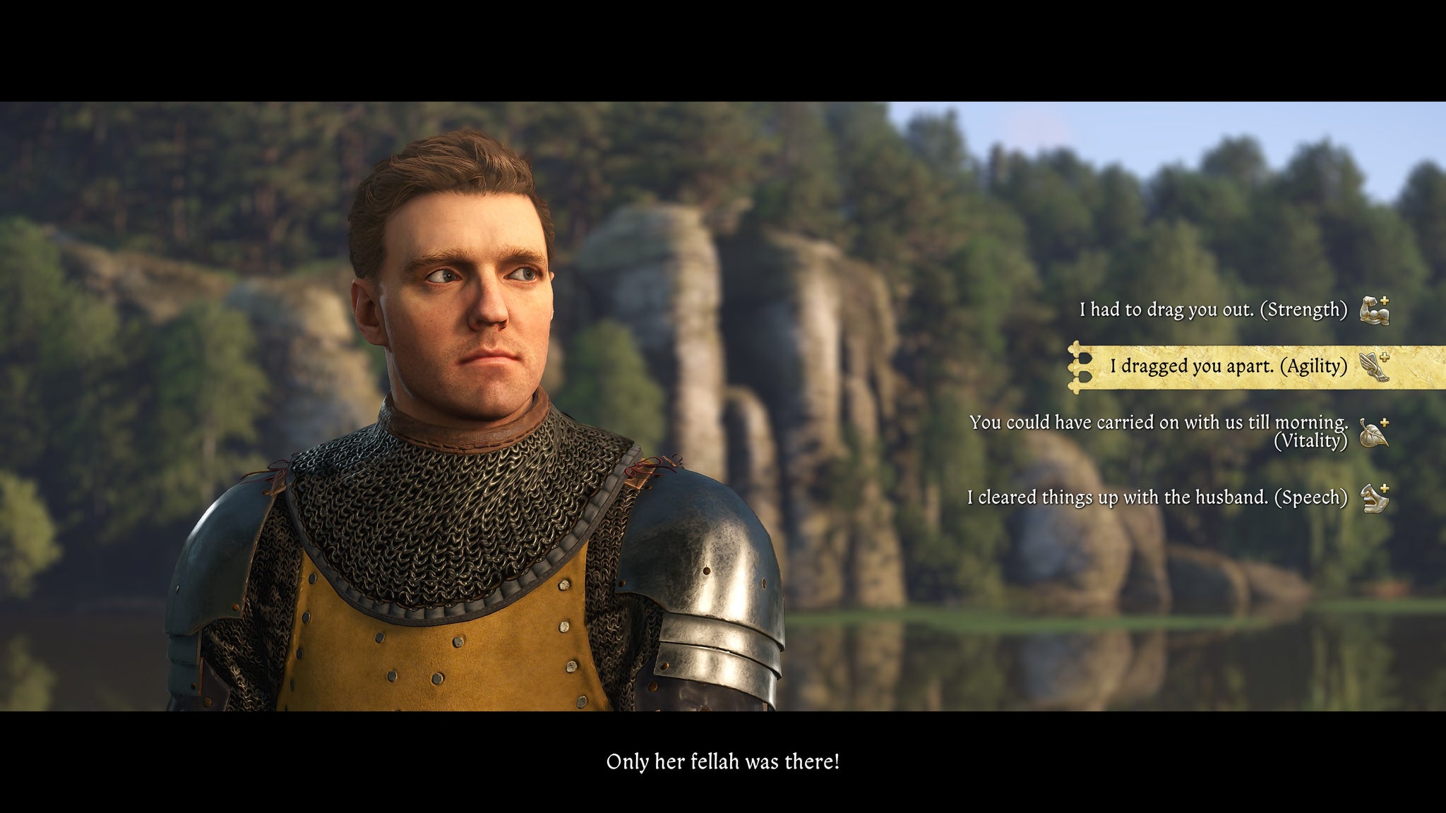 A piece of dialogue in Kingdom Come: Deliverance 2, with the player's choices determining stat upgrades - 7
