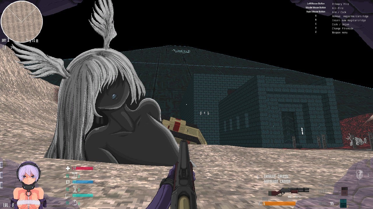 A wasteland with a green monolith in the distance and a tipped over statue of an anime girl in the nearground, from the FPS Beyond Citadel - 4