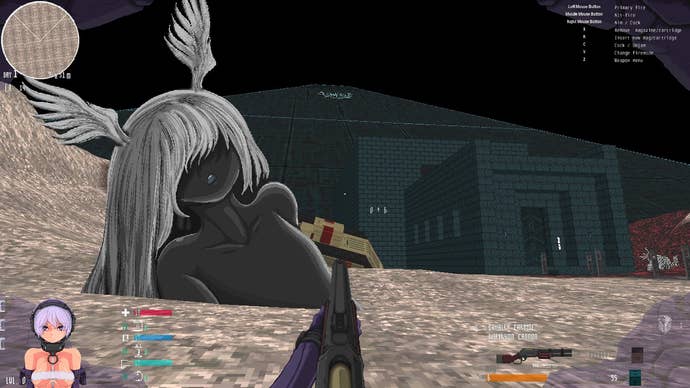 A wasteland with a green monolith in the distance and a tipped over statue of an anime girl in the nearground, from the FPS Beyond Citadel