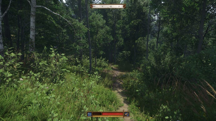 A woodland in Kingdom Come 2, with a path visible through dense green bushes