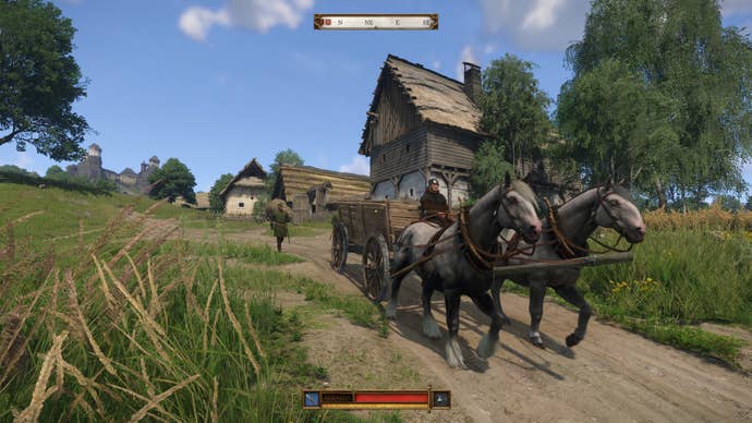 A horse-drawn wagon in Kingdom Come: Deliverance 2, encountered on the road outside a village