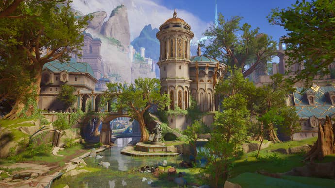 A beautiful run-down tower in front of a mountain range in Eternal Strands.