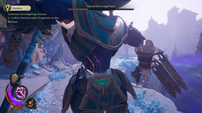 The hero climbs a giant’s body in Eternal Strands.