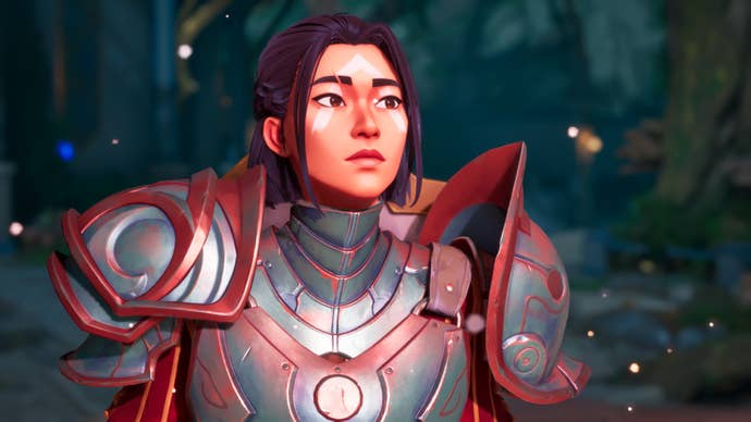 Brynn, the hero of Eternal Strands, standing in her armour.