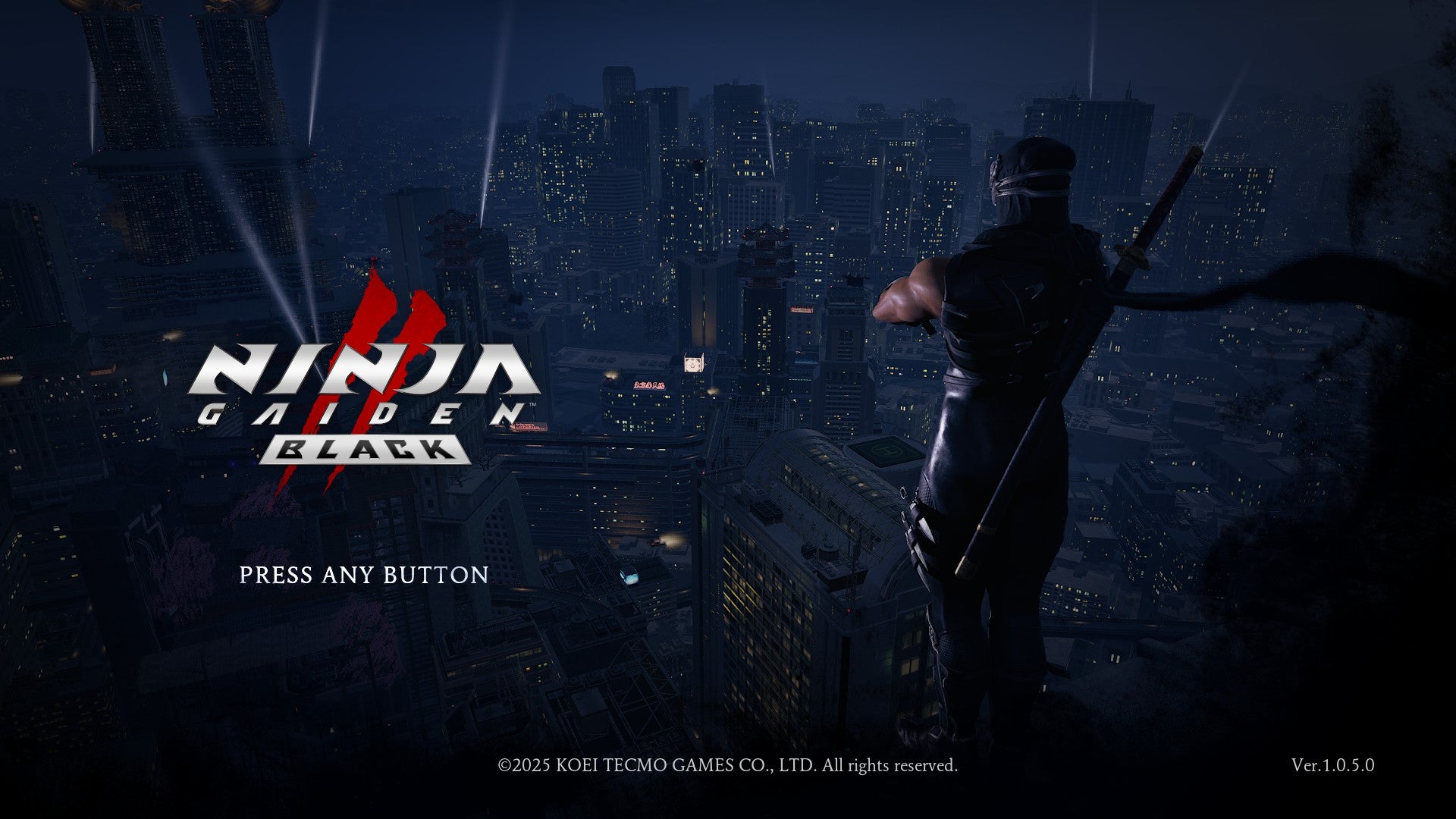 Ninja Gaiden 2 Black's new title screen, showing Ryu standing over the city. - 3