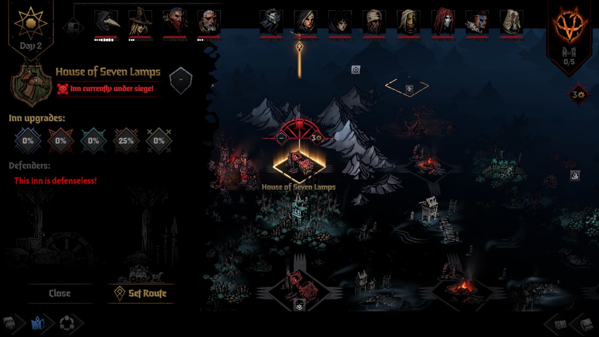A Kingdoms map screen in Darkest Dungeon 2, showing routes and inns with one of the inns being under siege - 5