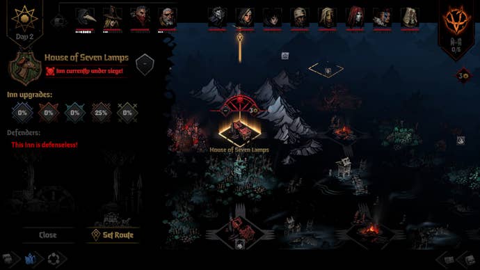 A Kingdoms map screen in Darkest Dungeon 2, showing routes and inns with one of the inns being under siege