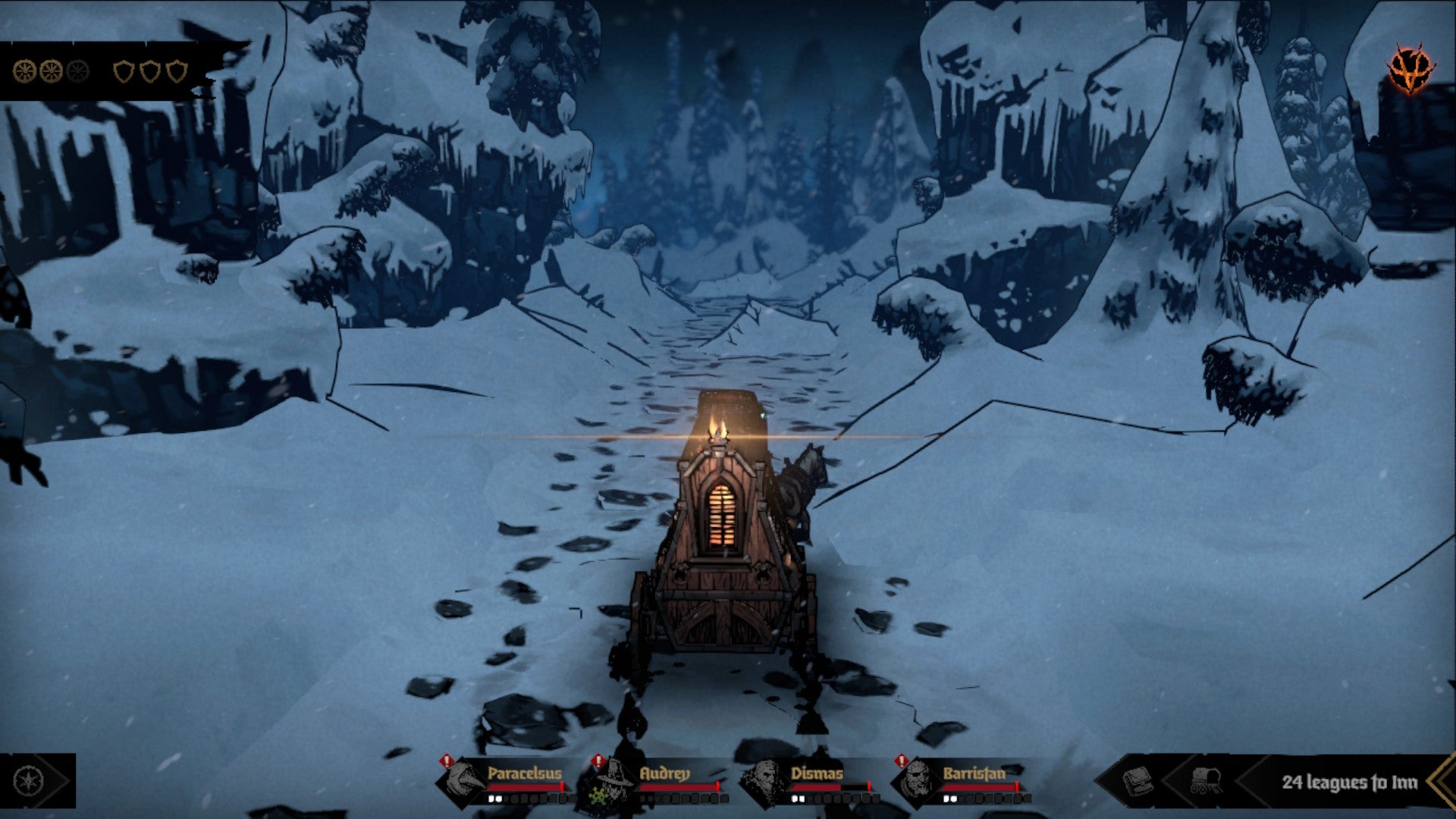 A horse-drawn wagon travelling through snowy mountains in Darkest Dungeon 2 - 6