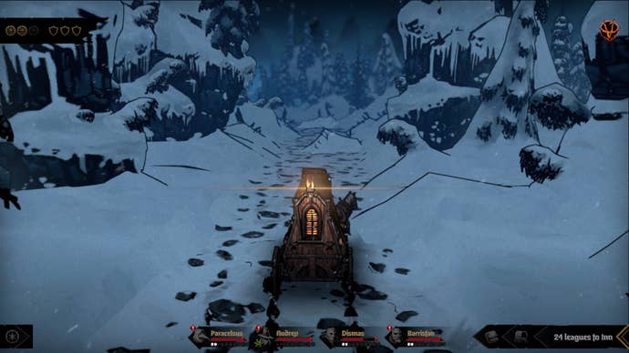 A horse-drawn wagon travelling through snowy mountains in Darkest Dungeon 2