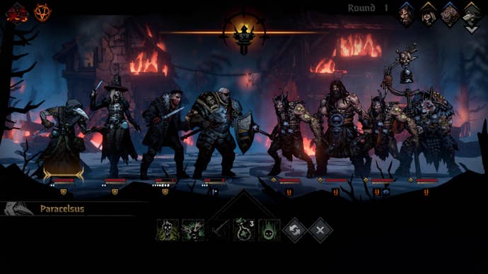 Four heroes squaring off against four beastmen opponents in Darkest Dungeon 2