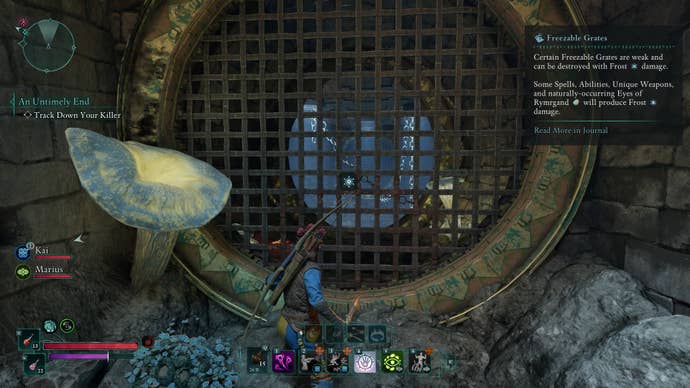 The Envoy stands in front of a freezable grate in Avowed that requires frost damage to destroy.