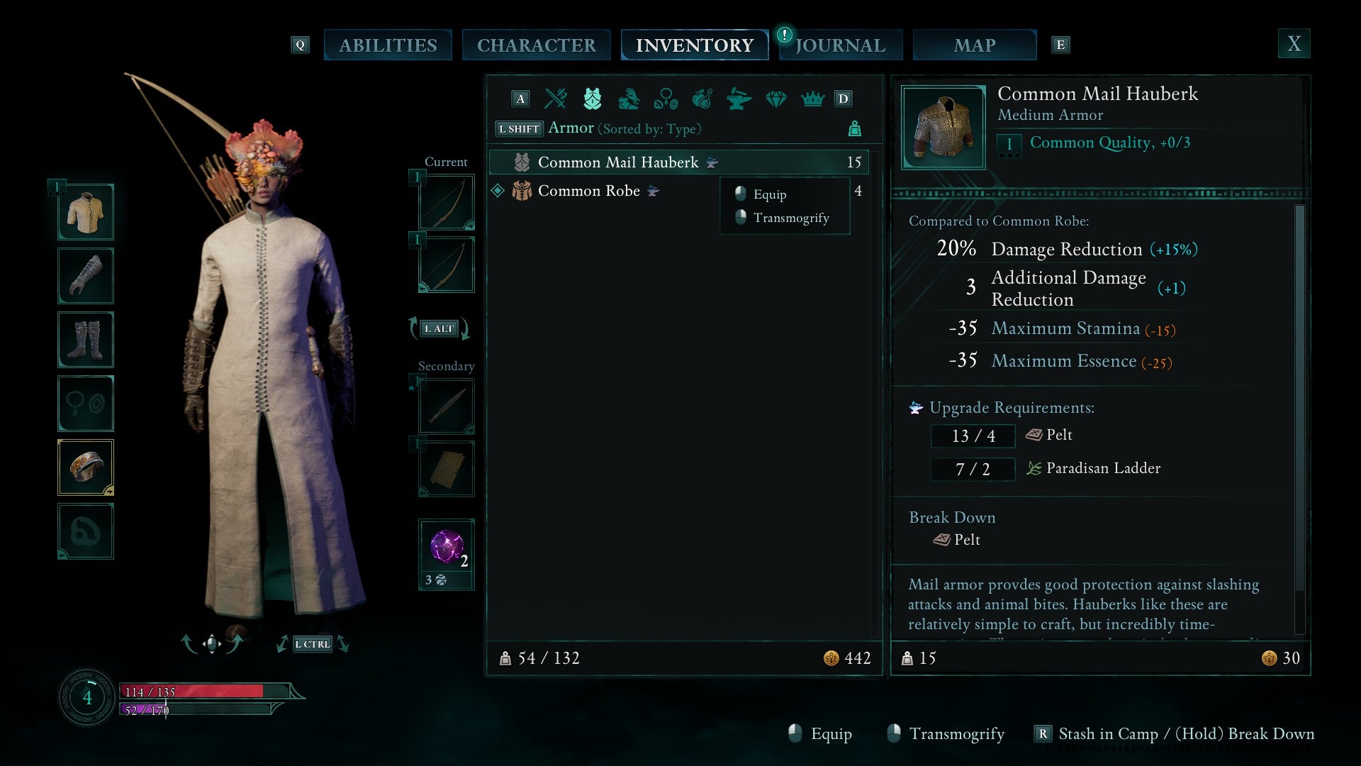 An inventory menu screenshot in Avowed, showing the Envoy wearing a cloth robe and about to transmogrify it to look like chain mail. - 3