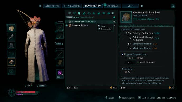 An inventory menu screenshot in Avowed, showing the Envoy wearing a cloth robe and about to transmogrify it to look like chain mail.