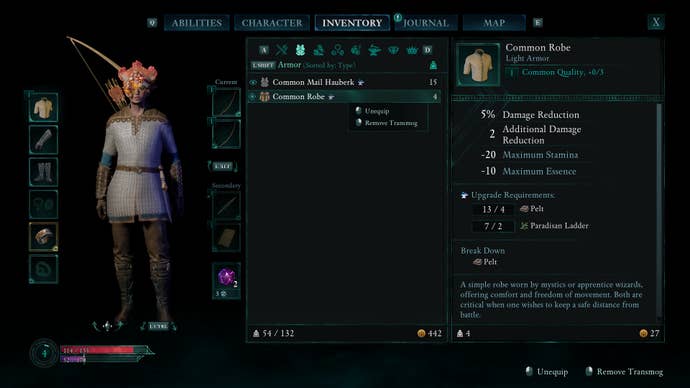 An inventory menu screenshot in Avowed, showing the Envoy wearing a cloth robe that has been transmogrified to resemble chain mail.