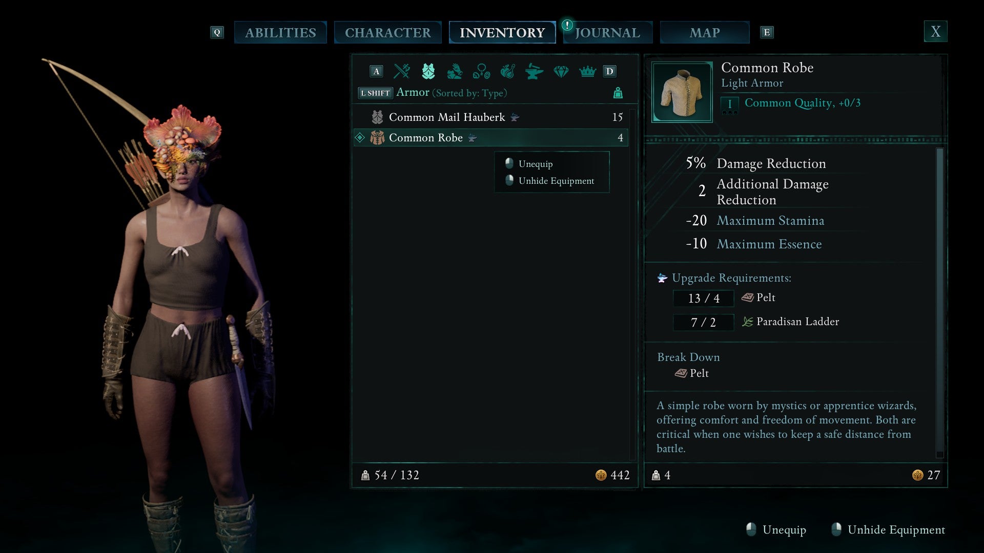 An inventory menu screenshot in Avowed, showing the Envoy hiding her armour and in her underclothes. - 4