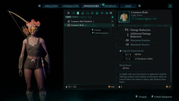 An inventory menu screenshot in Avowed, showing the Envoy hiding her armour and in her underclothes.