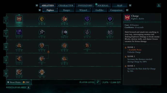An inventory menu screenshot in Avowed, showing a description of the Charge ability for Fighters, which deals Explosive damage.