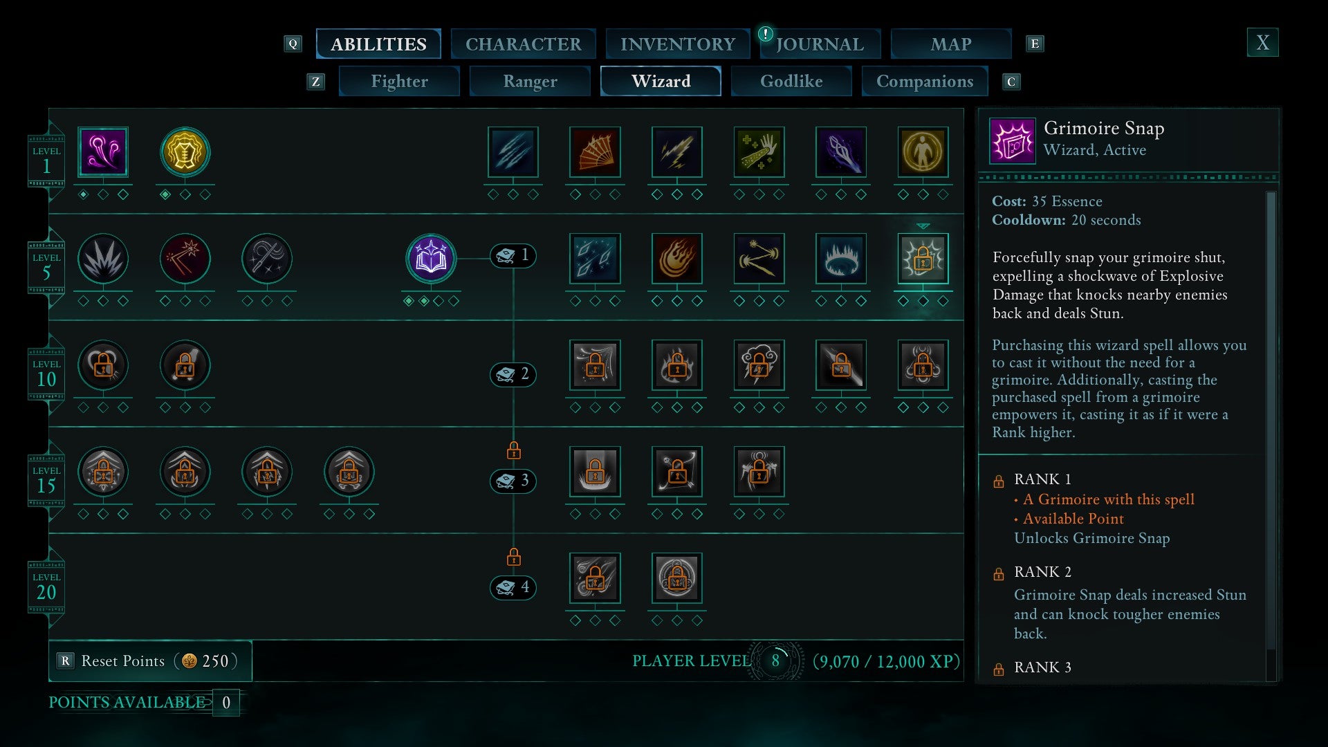 An inventory menu screenshot in Avowed, showing a description of the Grimoire Snap ability for Wizards, which deals Explosive damage. - 3