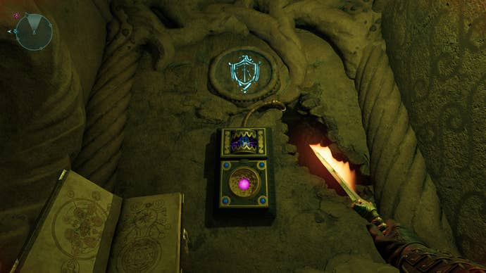 A first-person view of Avowed, showing a flaming dagger in one hand, a grimoire in the other, and an electrical-powered device on a wall.