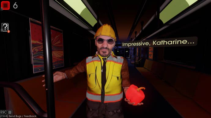 A man in a high vis jacket and construction helmet holds an apple while saying ‘Impressive, Katharine’ in Moves of the Diamond Hand.