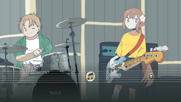 A rhythm-matching band rehearsal in Afterlove Ep, with a drummer and a bass guitarist playing in the background while keyboard prompts appear along the bottom.