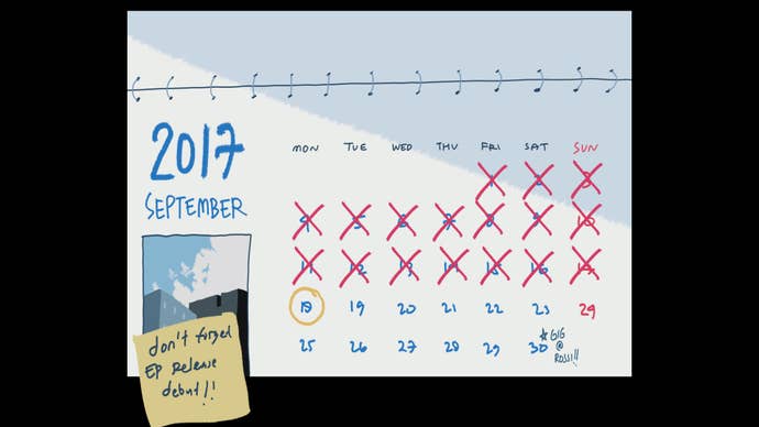 An in-game paper calendar showing your progress through Afterlove EP.