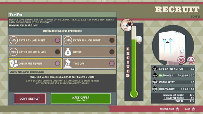 The recruitment screen for To-Fu in Promise Mascot Agency.