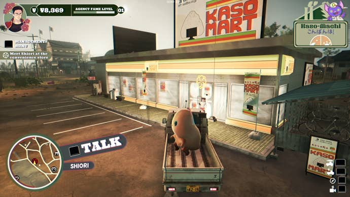 A truck drives up to a convenience store to talk to Shiori outside in Promise Mascot Agency.