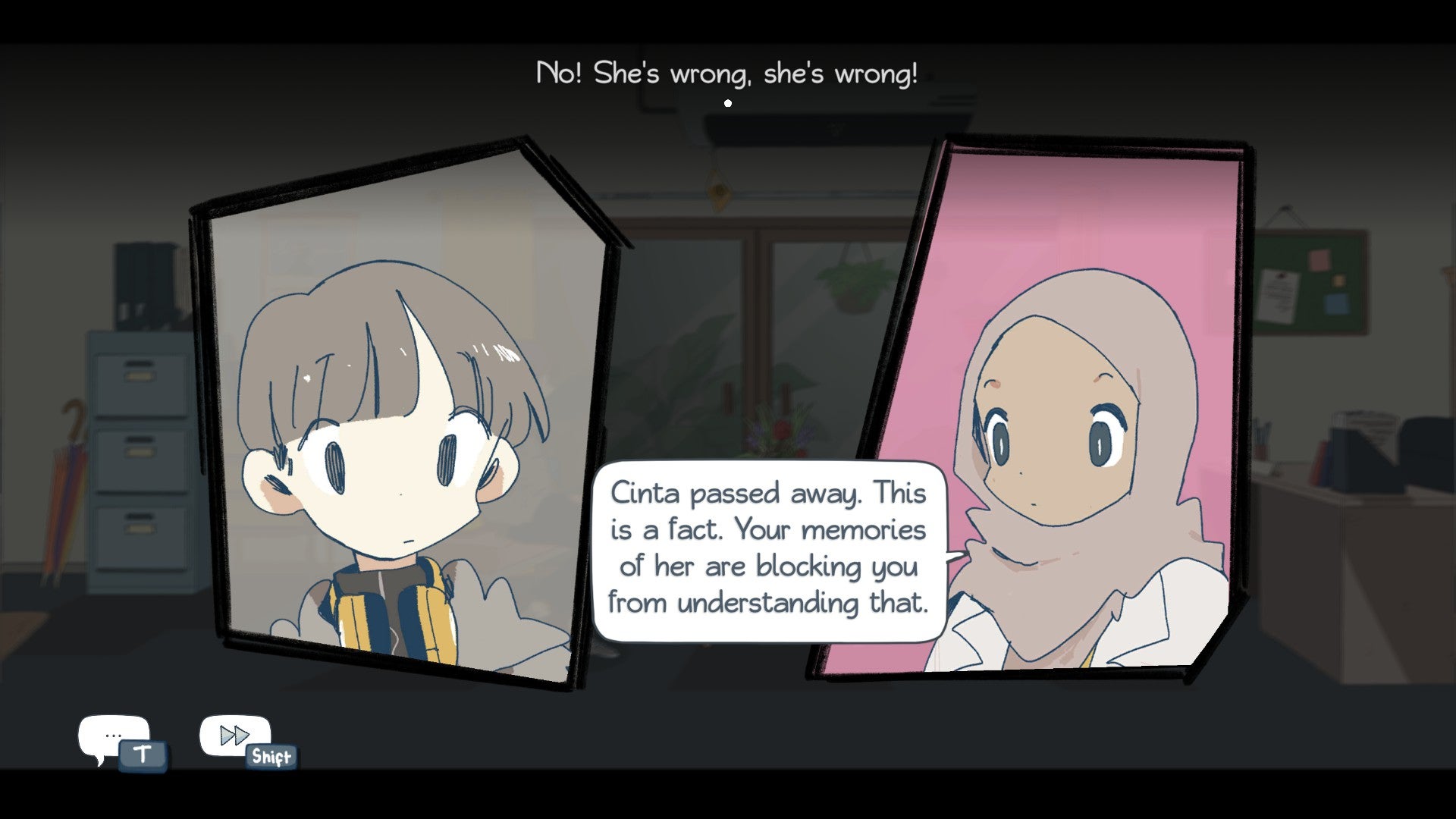 A dialogue scene of Afterlove EP's main character Rama talking to his therapist about letting go while Cinta, the disembodied voice of his dead girlfriend, protests in his ear. - 5