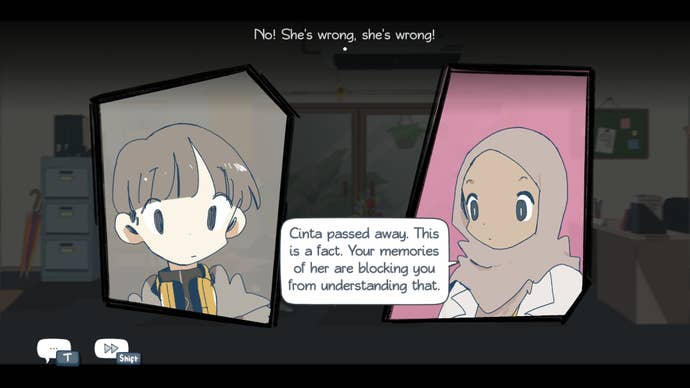 A dialogue scene of Afterlove EP’s main character Rama talking to his therapist about letting go while Cinta, the disembodied voice of his dead girlfriend, protests in his ear.