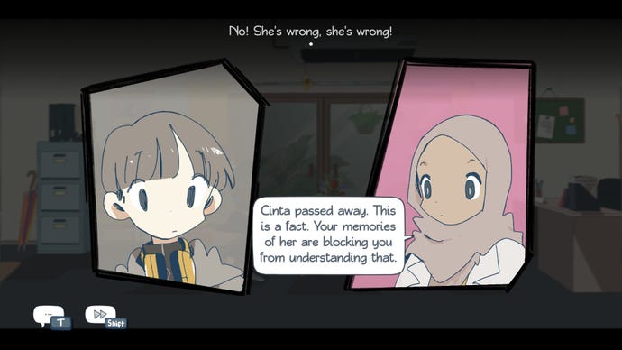 A dialogue scene of Afterlove EP's main character Rama talking to his therapist about letting go while Cinta, the disembodied voice of his dead girlfriend, protests in his ear.