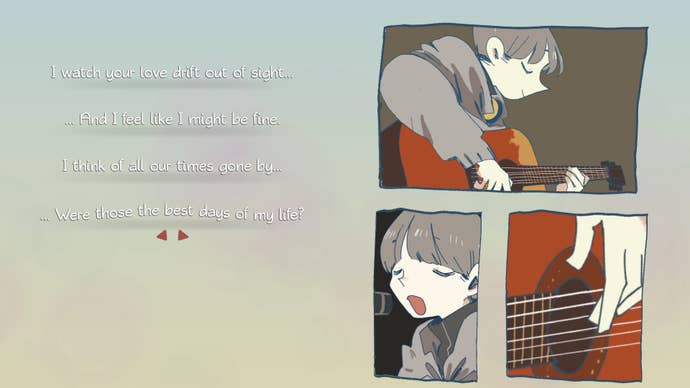 A scene of Afterlove EP’s main character Rama busking with his guitar in Jakarta, with player-guided lyrics unfolding on the left hand side.