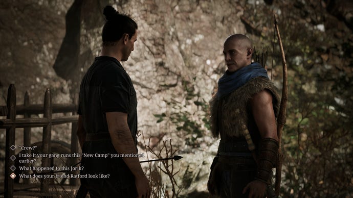 Two men talking about missing people and sleeping arrangements on a hillside in the Gothic remake.