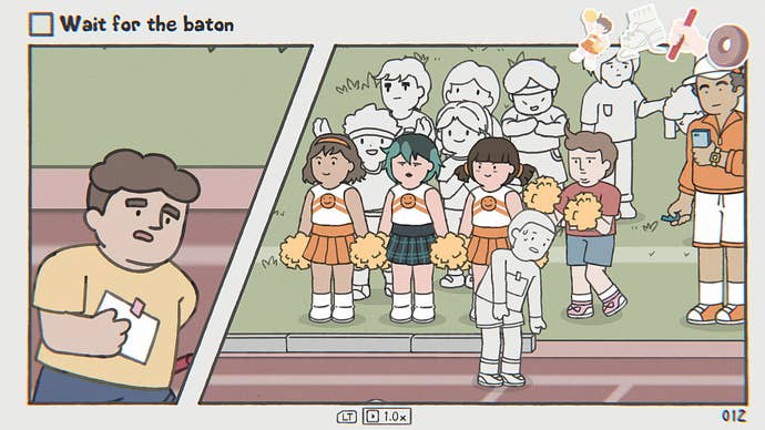 A relay race takes place in While Waiting.