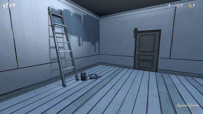 A room with a partially painted wall and painter’s ladder in Blue Prince.