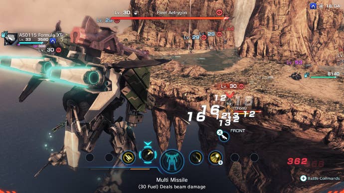 A mech battles a small monster in a desert in Xenoblade Chronicles X: Definitive Edition.