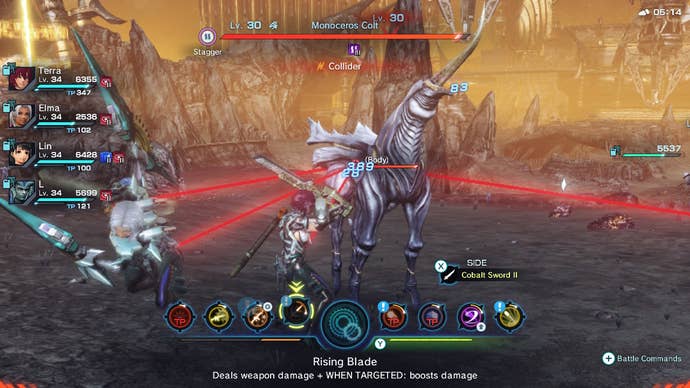 A battle against an alien unicorn in Xenoblade Chronicles X: Definitive Edition.