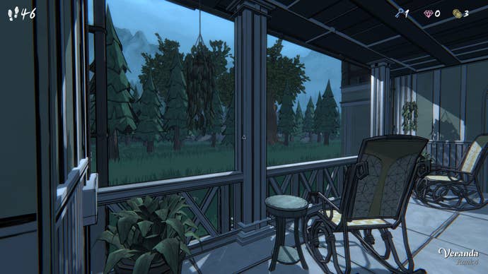A veranda in Blue Prince offering a view of some trees.