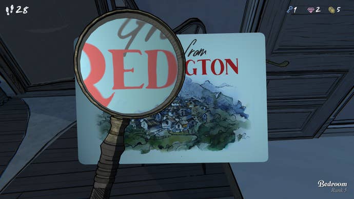 A close-up of a postcard for a town called Reddington, with the letters “RED” seen through a magnifying glass, from the game Blue Prince