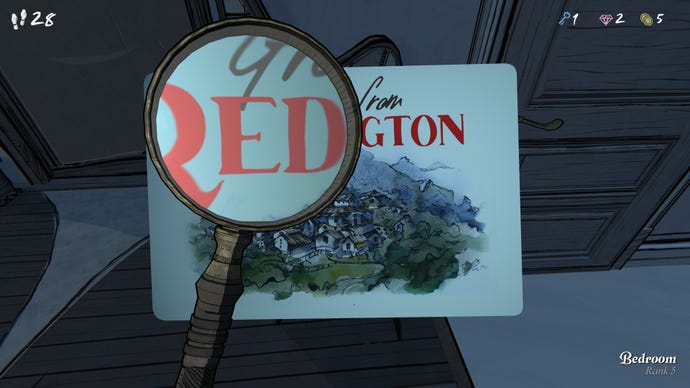 A close-up of a postcard for a municipality called Reddington, with the letters "RED" seen done a magnifying glass, from the crippled Blue Prince