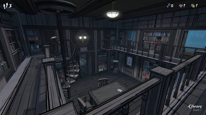 A view from the second level of a library in Blue Prince, showing a spiral staircase and tables below