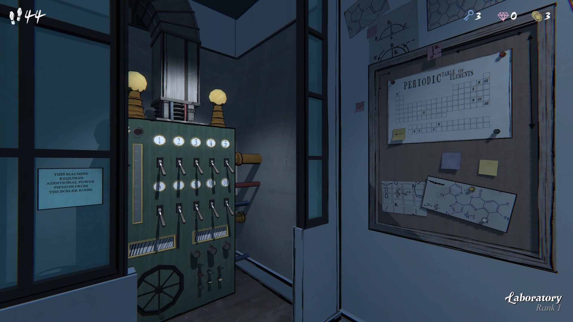 A view of a strange machine with lights and levers in an alcove, next to a corboard with a periodic table and other diagrams, from Blue Prince - 5