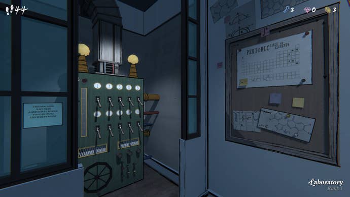 A view of a strange machine with lights and levers in an alcove, next to a corboard with a periodic table and other diagrams, from Blue Prince
