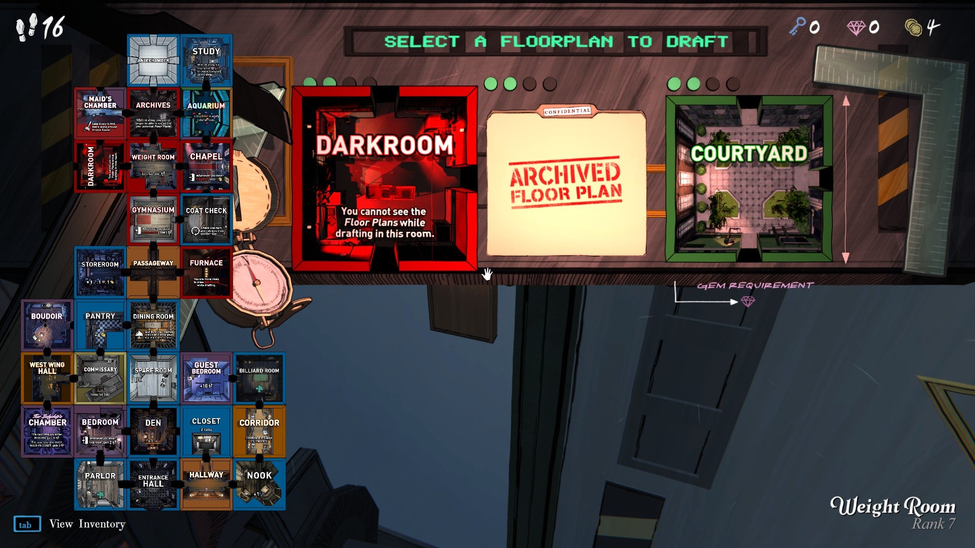 A choice of three rooms to draft in Blue Prince, with the map of a player-assembled house on the left - 4