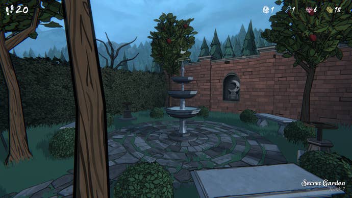 An outside garden space with a tiered bird bath and weathervane next to a brickwall in Blue Prince