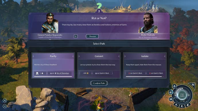 A branching quest surface successful Endless Legend 2, showing 3 communicative options with antithetic rewards.