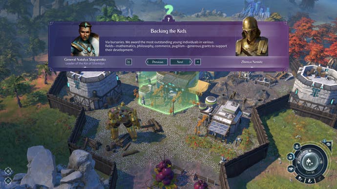 A dialog betwixt a person and a minion successful Endless Legend 2, against the backdrop of a fortified city.