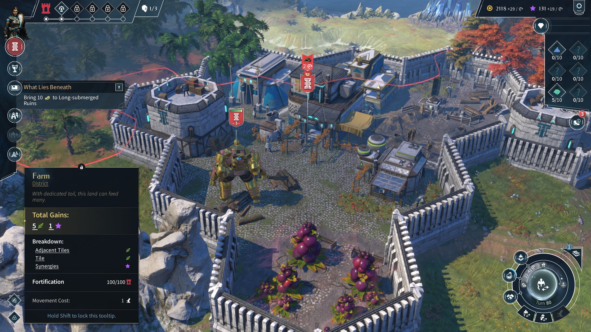 A built-up human city in Endless Legend 2, with tall keeps and crenellated walls. - 1