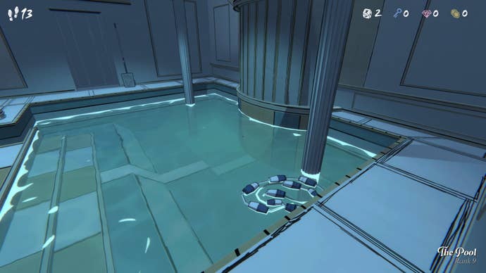 A swimming pool room in Blue Prince.