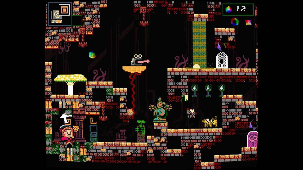 A colourful, glitchy 2D pixelart dungeon with a frog and bouncy mushrooms and other creatures, from Babushka's Glitch Dungeon Crystal - 1